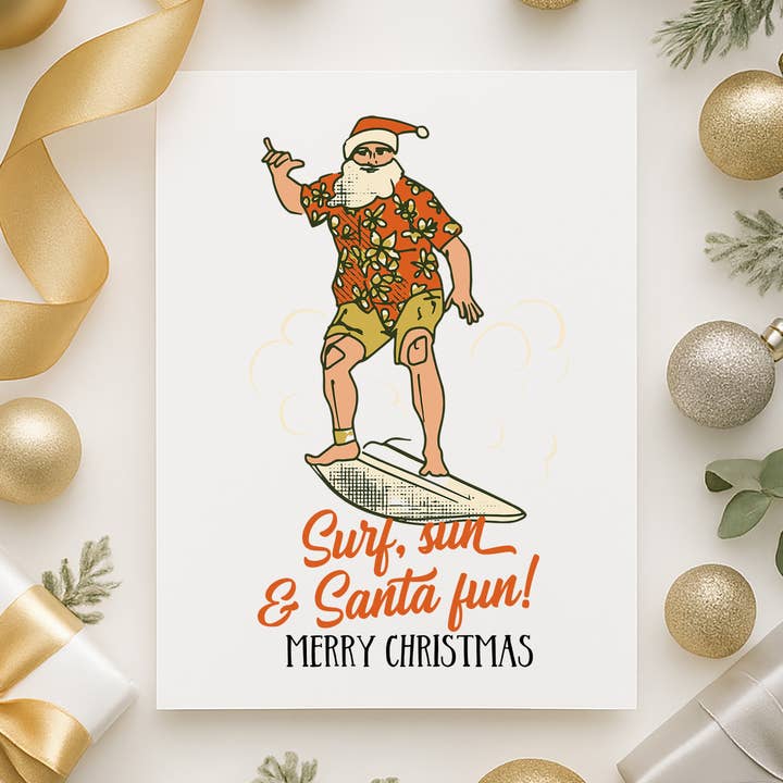 Funny Christmas Card for Family Friends, Retro Surfing Santa for wholesale by Coco Press
