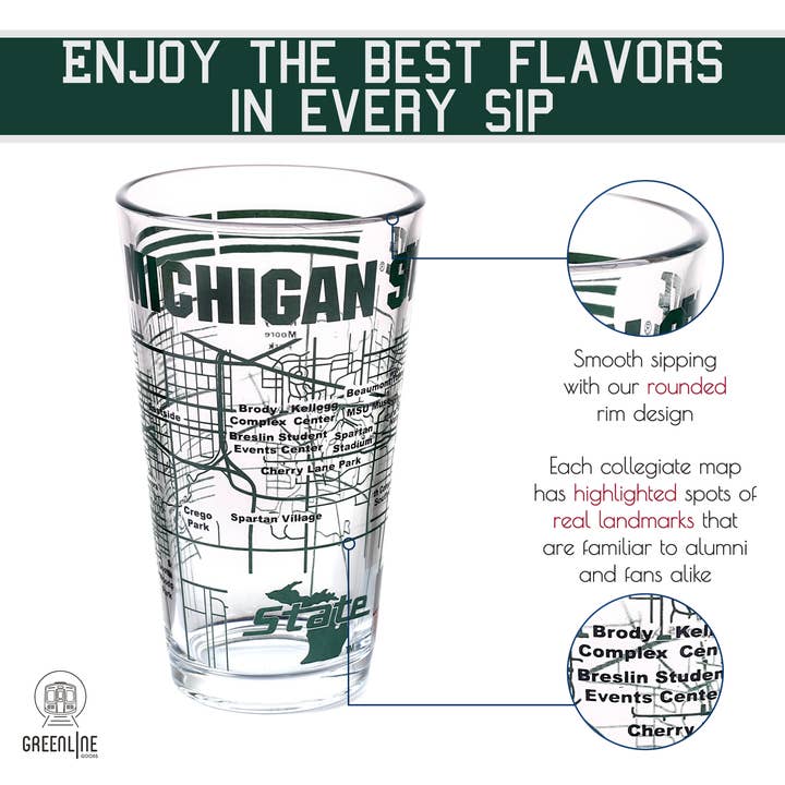 Greenline Goods - Wholesale Beer Glass/Mug - Michigan State University Pint Glasses Contains Full Color MSU Logo & Campus Map MSU Spartans Gift idea College Grads and Alumni (Set of 2)