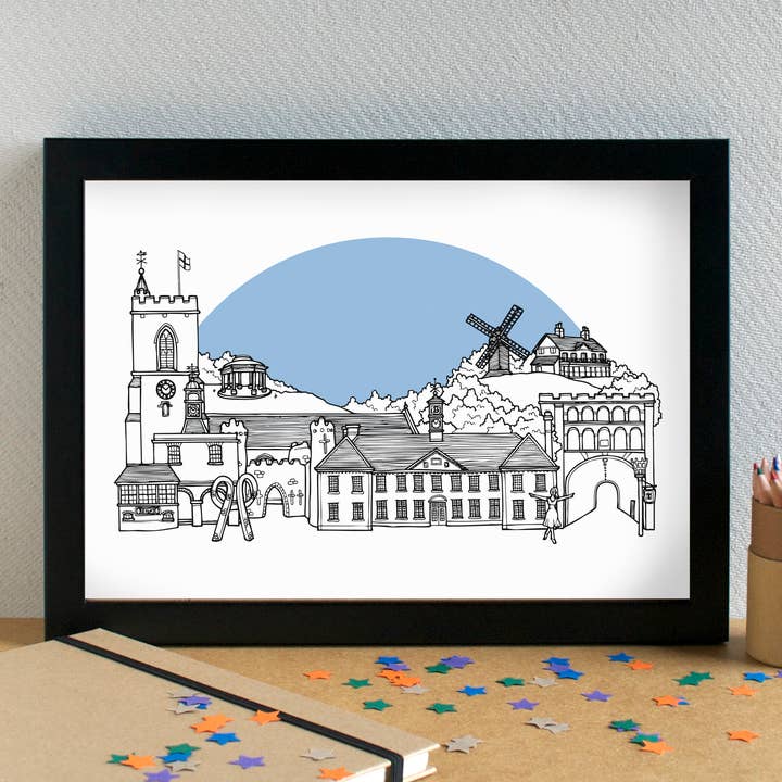 Reigate Skyline Landmarks Art Print - unframed for wholesale by Becka Griffin Illustration