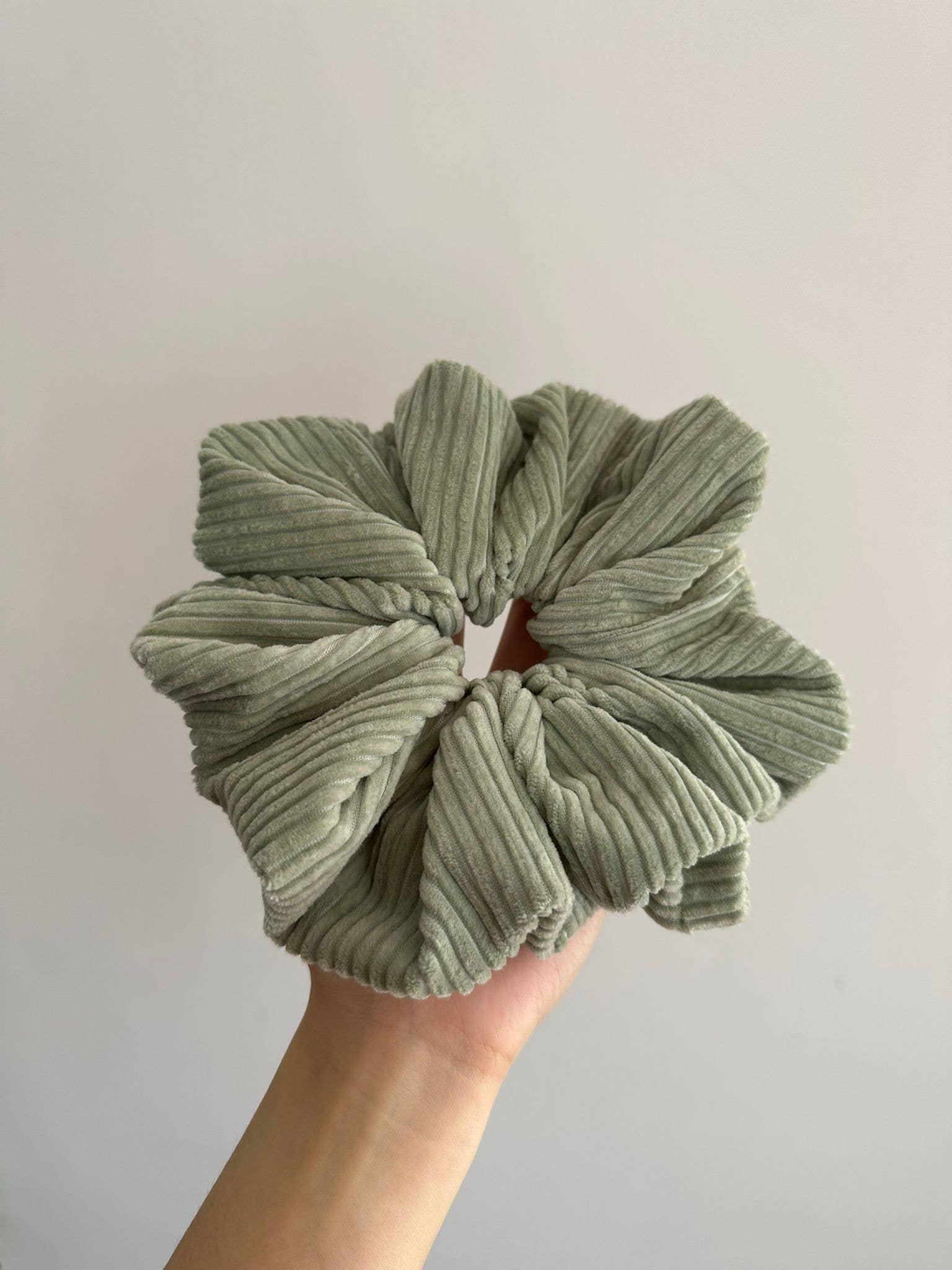 Weavey Studio - Wholesale Scrunchie - Women’s - Sage Oversized jumbo corduroy fabric scrunchie, XL scrunchie5