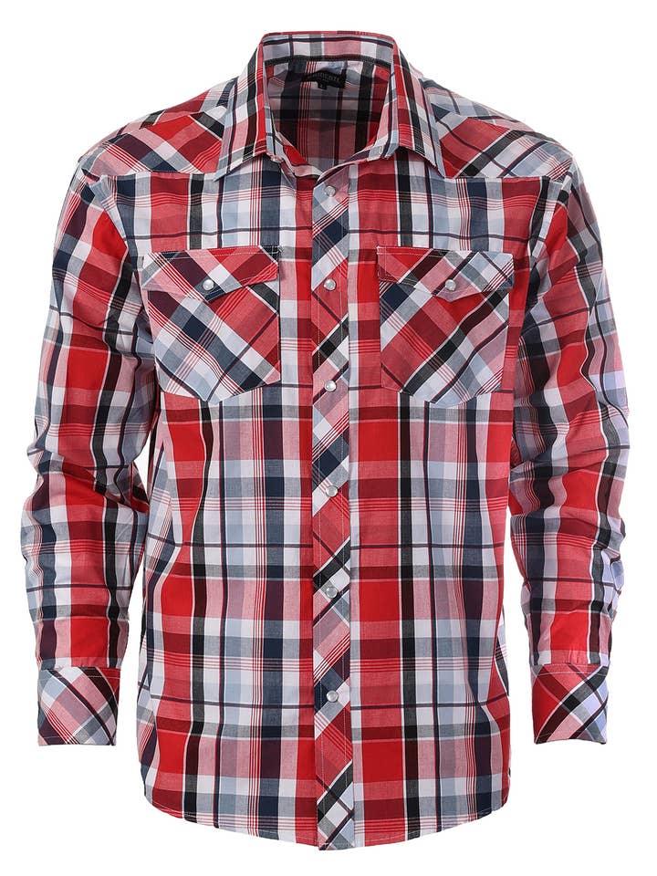 b-one inc - Wholesale Button Down Shirt - Men's - Men's Pearl Snap Button Down Plaid Long Sleeve Western Shirt