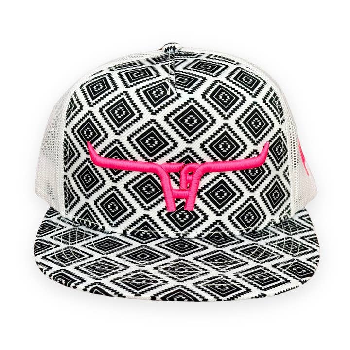 CA Longhorn Roze Puff Zwart Aztec Witte Mesh Snapback Pet voor wholesale door Cactus Alley Hat Co.