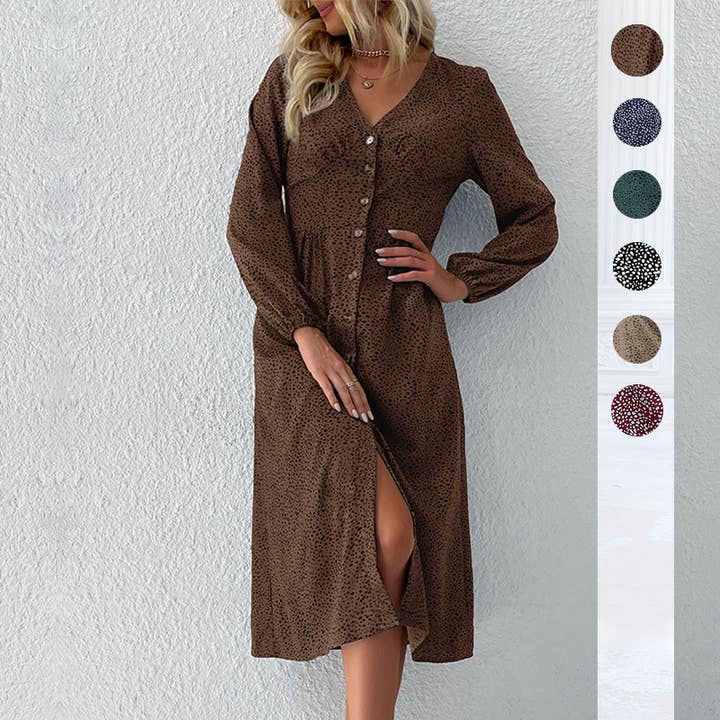 Schickes Midi-Kleid mit Leopardenmuster und Knopfleiste für den Großhandel von onatorobi