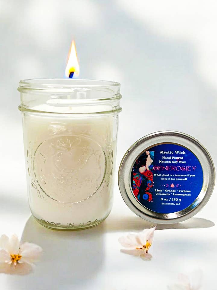 Citronnelle et citronnelle - Cire de soja (Générosité) - Bougie en pot Mason 6 oz pour la vente par Mystic Wick LLC