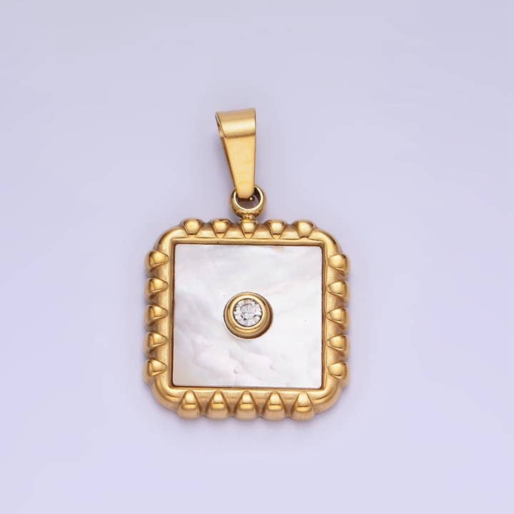 Pendentif en Acier Inoxydable CZ Coquille de Perle à Bord Carré | P1392 pour la vente par Aim Eternal