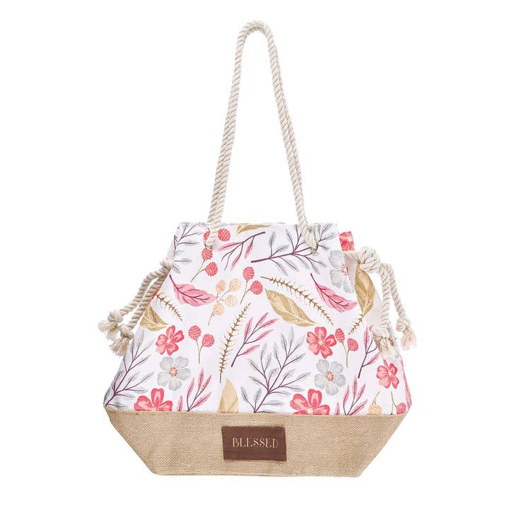 Christian Art Gifts - Wholesale Tote Bag - Women's - Tote Canvas Tan/White Floral Printed Blessed