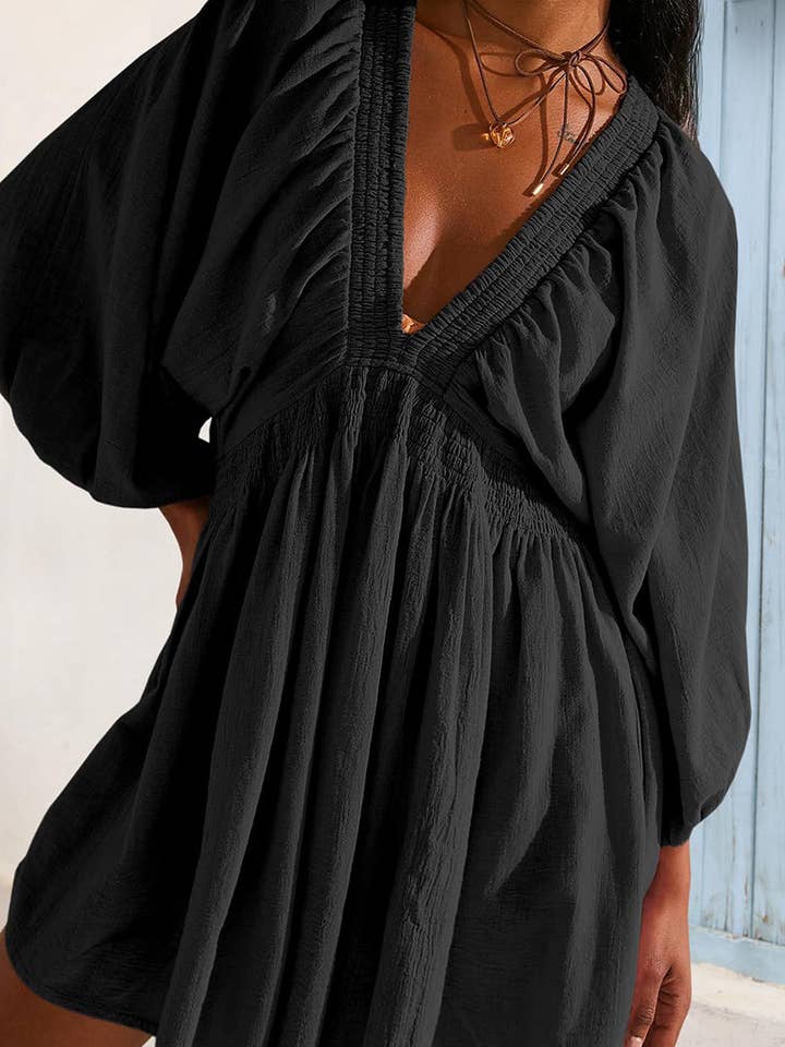 DE VAVE - Wholesale Dress - Women's - Puff Sleeve V-Neck Mini Dress
