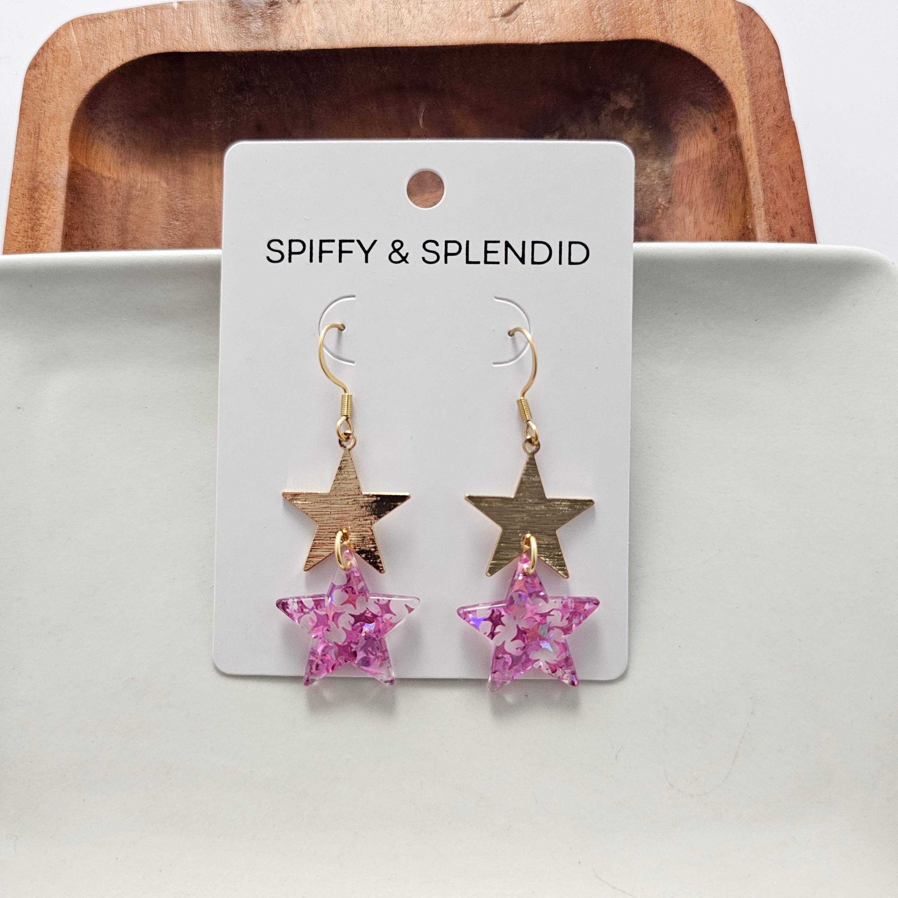 Spiffy & Splendid - Wholesale Hangende/ronde oorbellen - Oorbellen met sterren - roze glitter//4 juli Patriottisch6