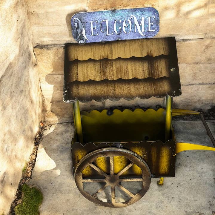 Farmers Market Plant Stand Cart with Welcome Sign for wholesale by Blue Goat Garden Decor