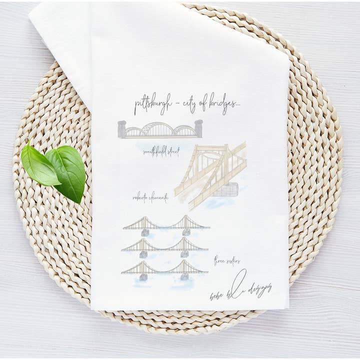 Pittsburgh City of Bridges Flour Sack Tea Towel, Kitchen for wholesale by Bebe Blu Designs, LLC