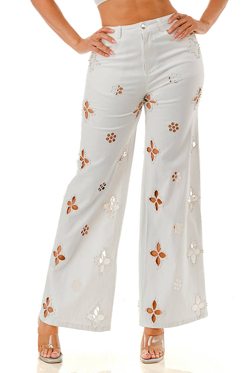 SALT - Vente Pantalon – femme - (SP5058)Pantalon large à découpes florales en perles3