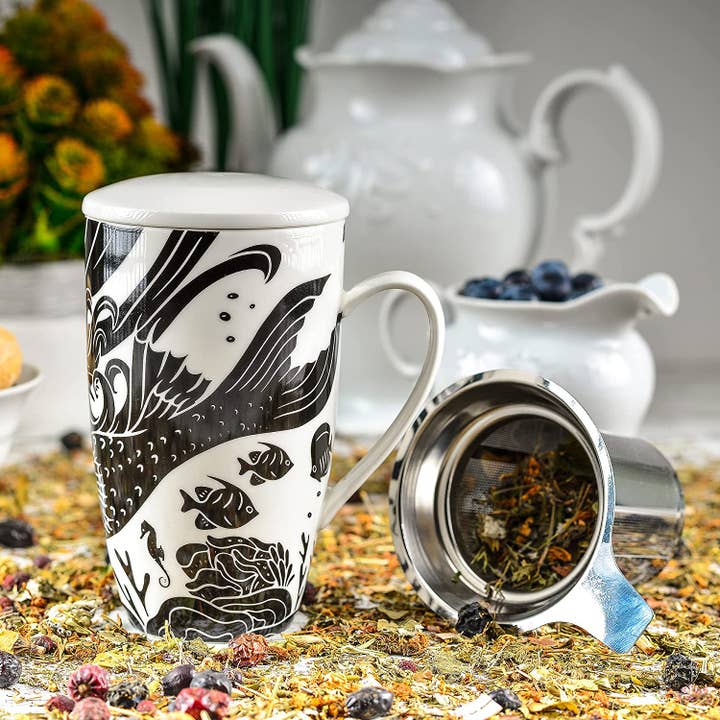 Greenline Goods - Wholesale Coffee Mug - Mermaid Coffee and Tea Mug With Ceramic Lid + Infuser (16oz)