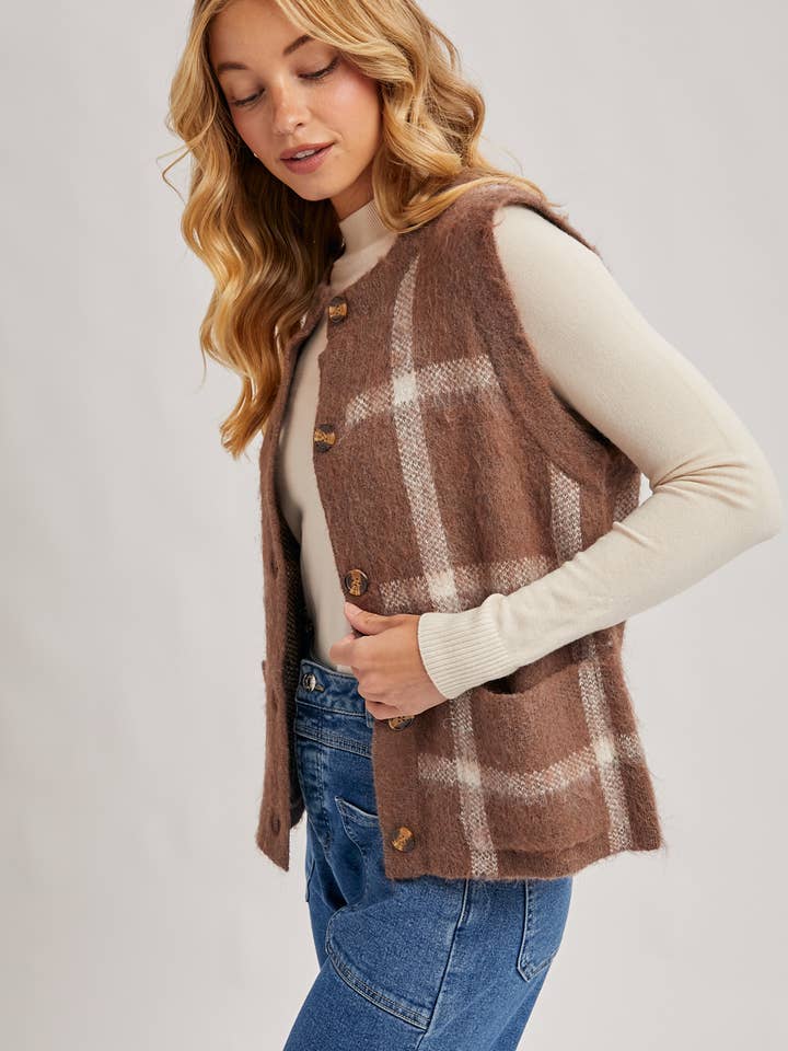 Bluivy - Wholesale Sleeveless sweatshirts – Women′s - BUTTON DOWN PLAID FUZZY KNIT SWEATER VEST4