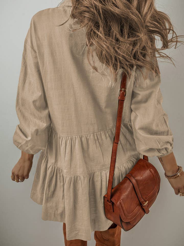 Tan Puff Sleeve Buttoned Tiered Pleated Shirt Mini Dress for wholesale on Faire5