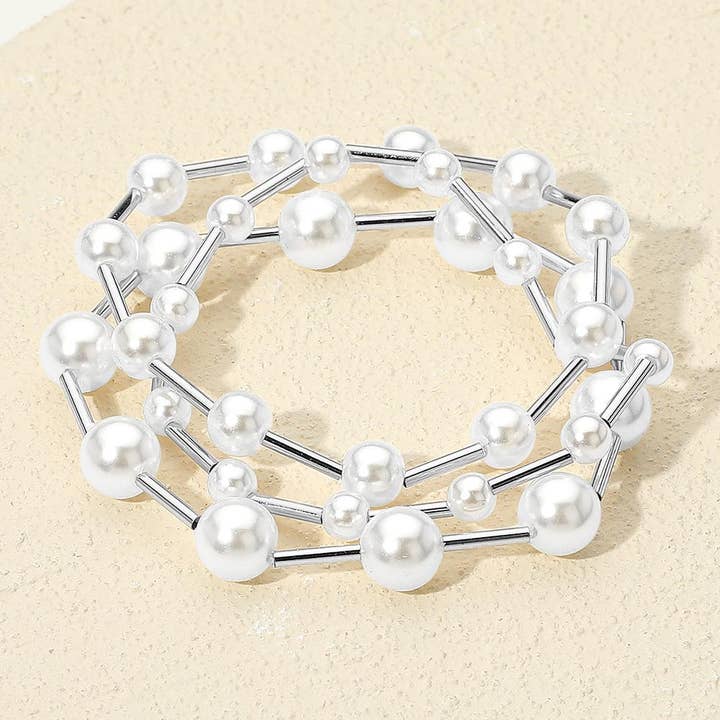 Sensibling Corp. - Wholesale Beaded Bracelet - 3PCS - Pearl Metal Bar Beaded Stretch Multi Layered Bracelets3