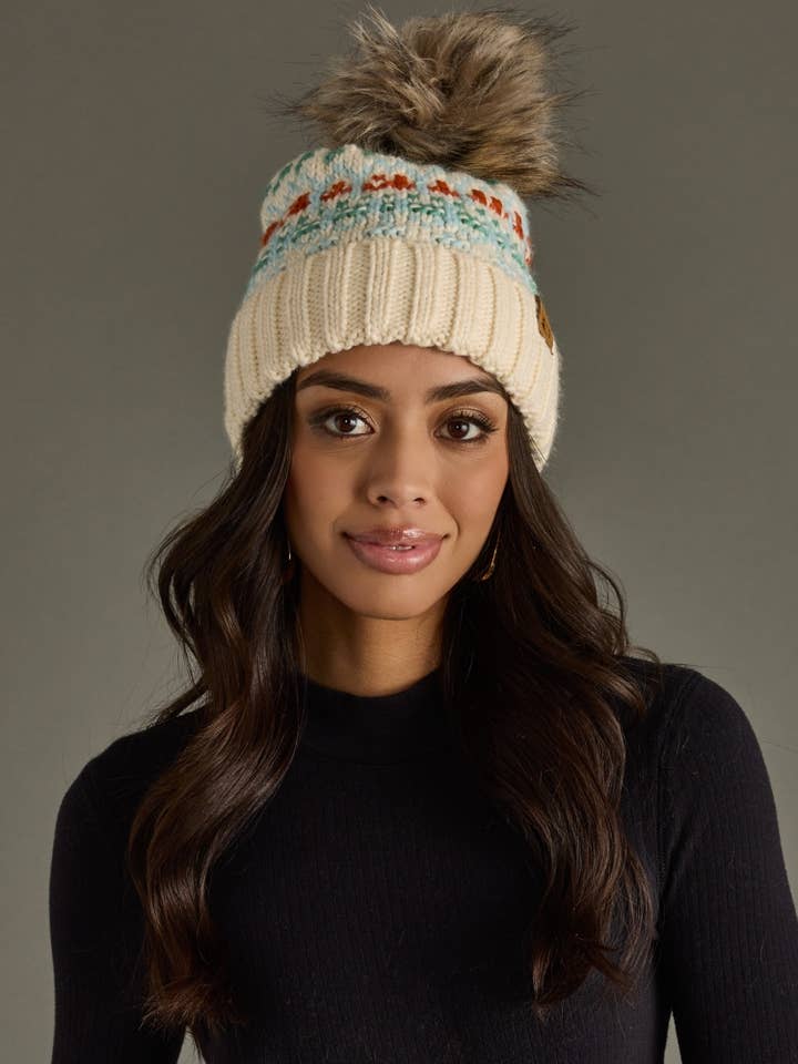 Ivory, Lt. Blue, Mint & Orange Patterned Pom Hat for wholesale by Panache Apparel Co.
