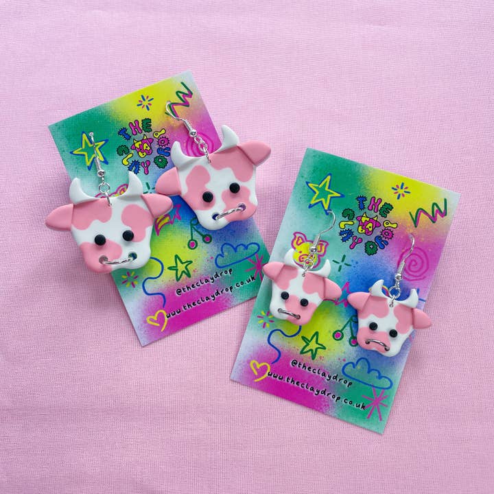 The Clay Drop - Wholesale Dangle Earrings - Pink & White Cow Polymer Clay Earrings - 2 Sizes0