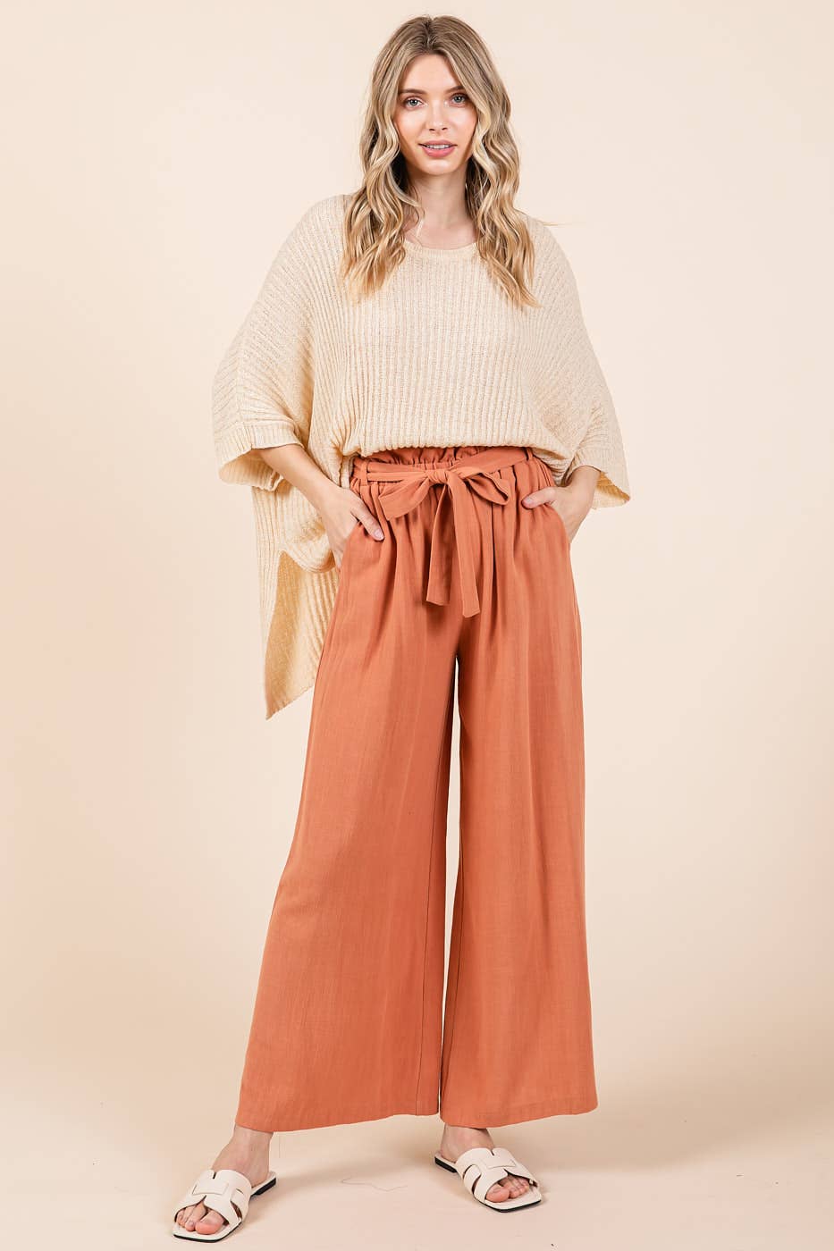 mittoshop - Wholesale Pants - Women's - PAPER BAG TIE DETAIL WIDE LEG PANTS44