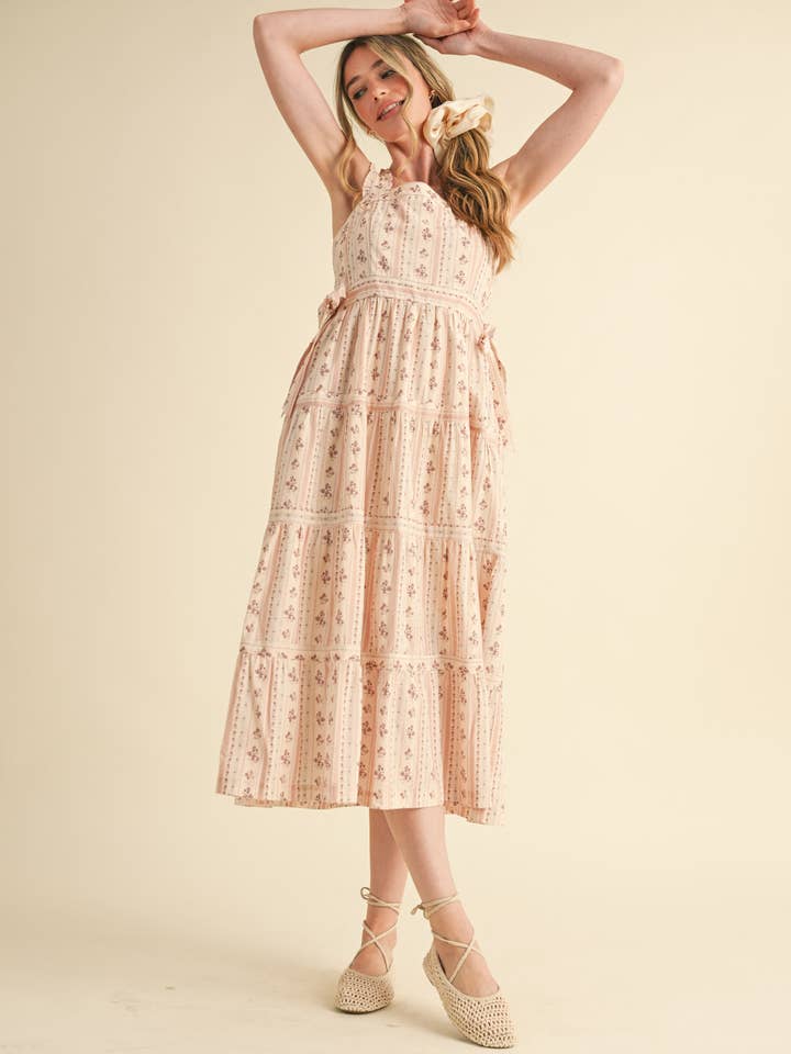 &MERCI - Vente Robe – femme - ROBE MIDI FLORALE À BRETELLES VOLANTÉES AVEC NŒUDS LATÉRAUX À NOUER MDR358634