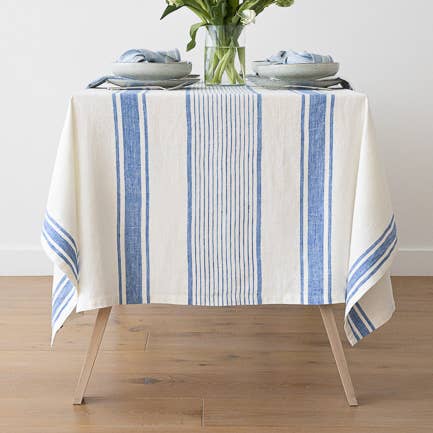 Linne Bordsduk Off White Blue Toscana, Randig, Förtvättad för wholesale av LinenMe