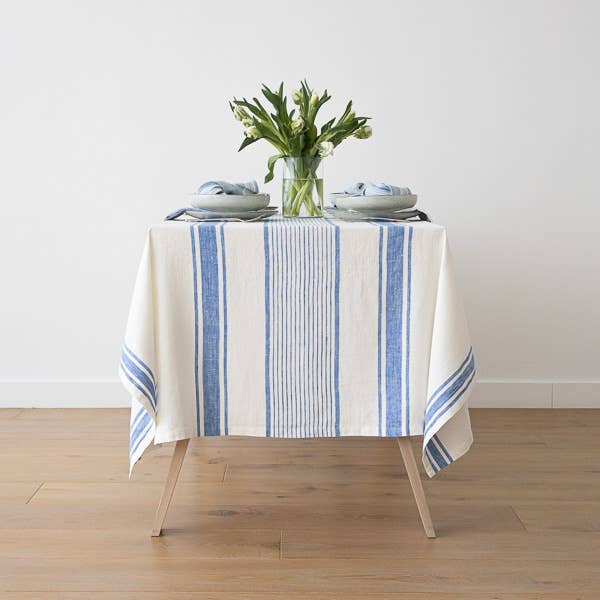 LinenMe – wholesale Tablecloth – Linen Tablecloth Off White Blue Tuscany, Striped, Prewashed