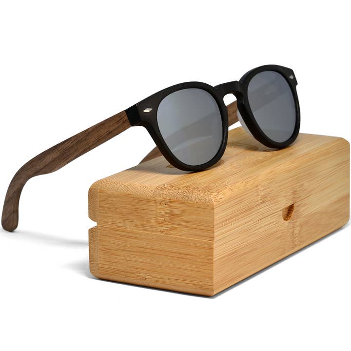 Round Walnut Wood Sunglasses With Silver Mirrored Lenses for wholesale by GOWOOD