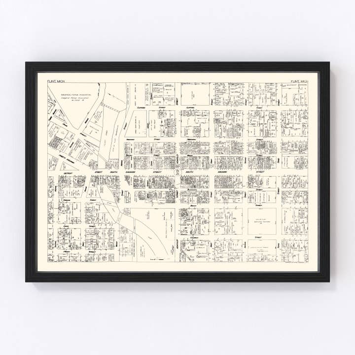 Vintage Map of Flint, MI Business Section 1929 for wholesale by Ted's Vintage Art