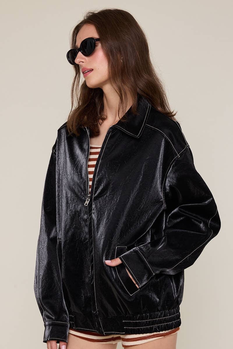 Sky to Moon - Vente Veste en cuir – femme - VESTE OVERSIZE À COL EN SIMILICUIR AVEC DÉTAILS POINTUS1
