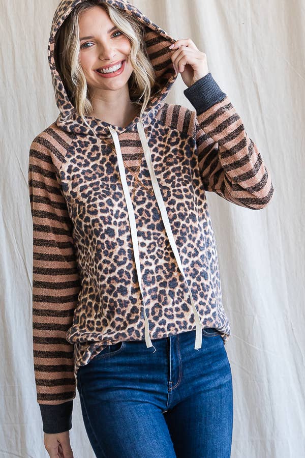 7th Ray – Großhandel Hoodie – Damen – Leopardenstreifen Ärmel Kordelzug Kapuzenpullover T44367