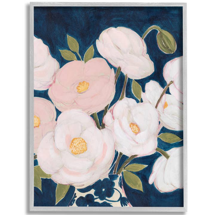 Luminous Pink Floral Bouquet Over Deep Blue Gray Framed for wholesale by Stupell Industries