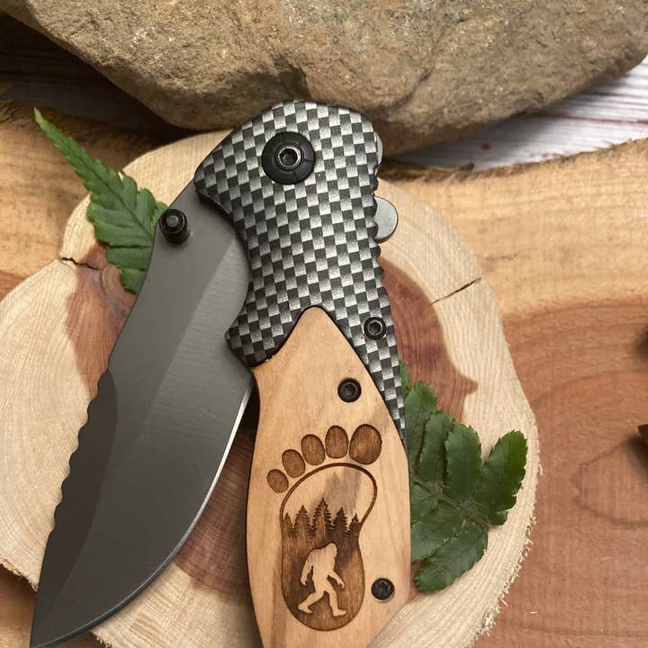 Bigfoot Footprint with Trees Knife for wholesale by Quail Tail Laser Art