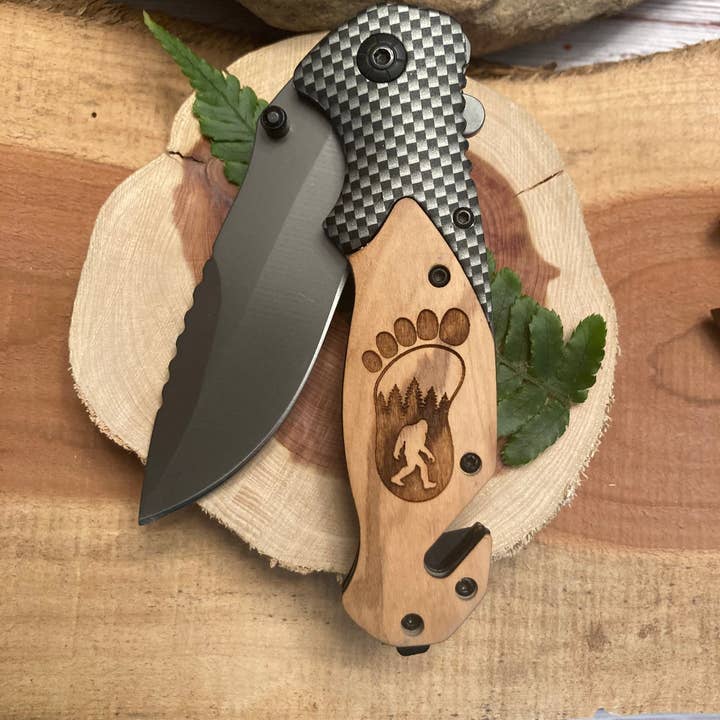 Bigfoot Footprint with Trees Knife for wholesale by Quail Tail Laser Art