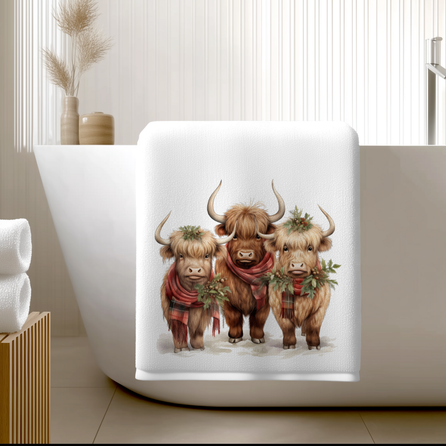 Fernville Creations - Vente Serviettes de bain - Serviette de bain de vacances Highland Cow : Velours pelucheux et éponge de coton0