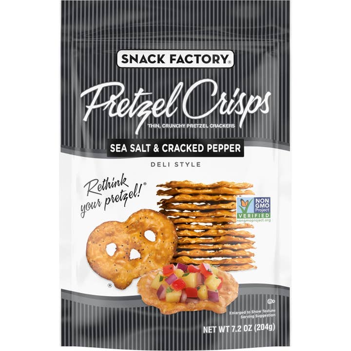 Snack Factory Pretzel Crisps Sal Marinho Pimenta 204 g 12 un por atacado de Long Island Candy Factory