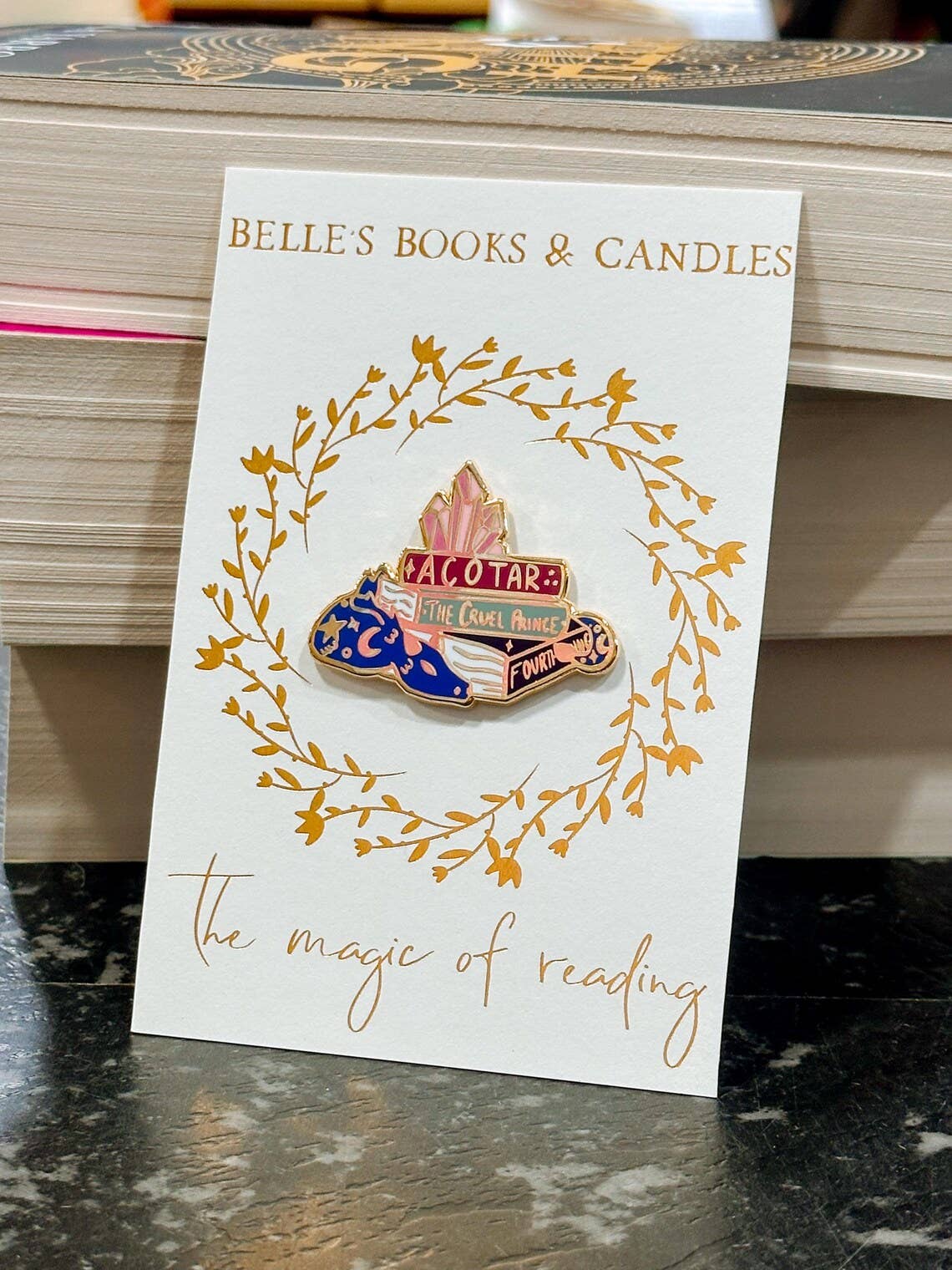 Belle's Books & Candles - Wholesale Lapel pin/button - Romantasy Pin | Romance Fantasy Bookish Pin Badge0