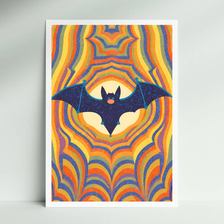 Kaleidoscope Bat Groovy Halloween Wall Art Print for wholesale by Cryptic Paper Co.