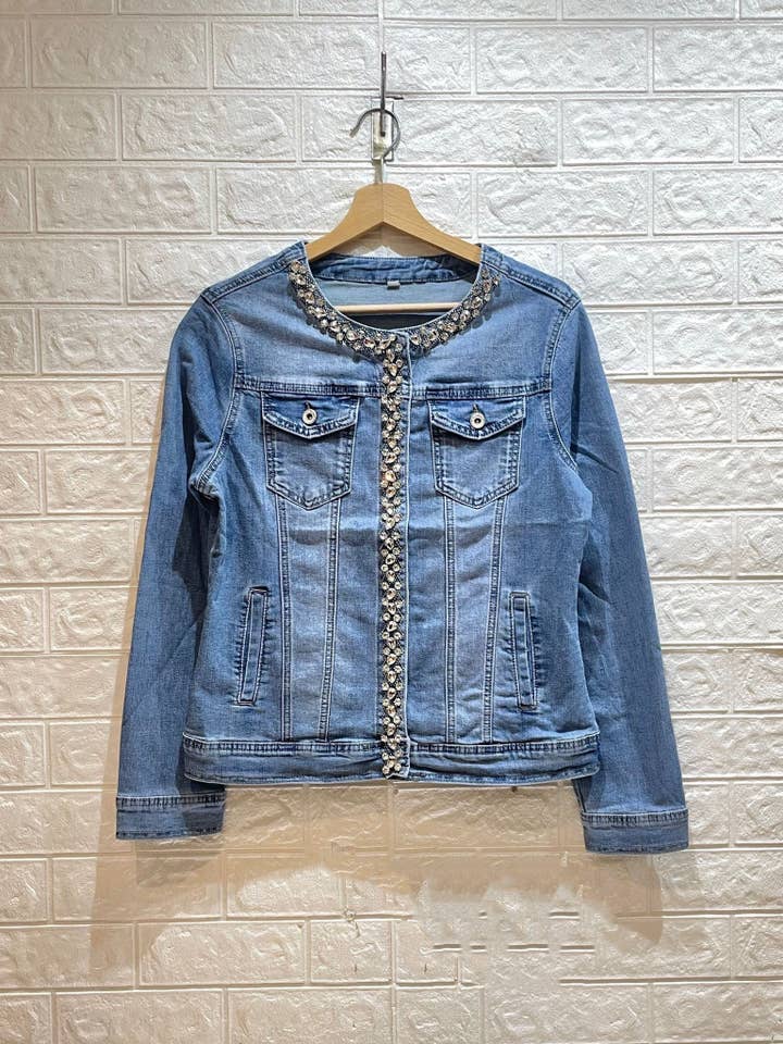 Diamante Detailed Stretchy Denim Jacket Sizes 10 - 22 for wholesale by DenimVista
