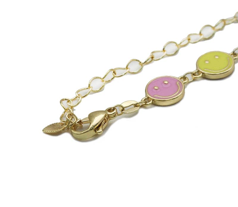 BestBeads&Beyond - Venta al por mayor Pulseras de abalorios/colgantes - Pulsera Ajustable con Cara Sonriente de Esmalte Dorado, Sku#JL1522