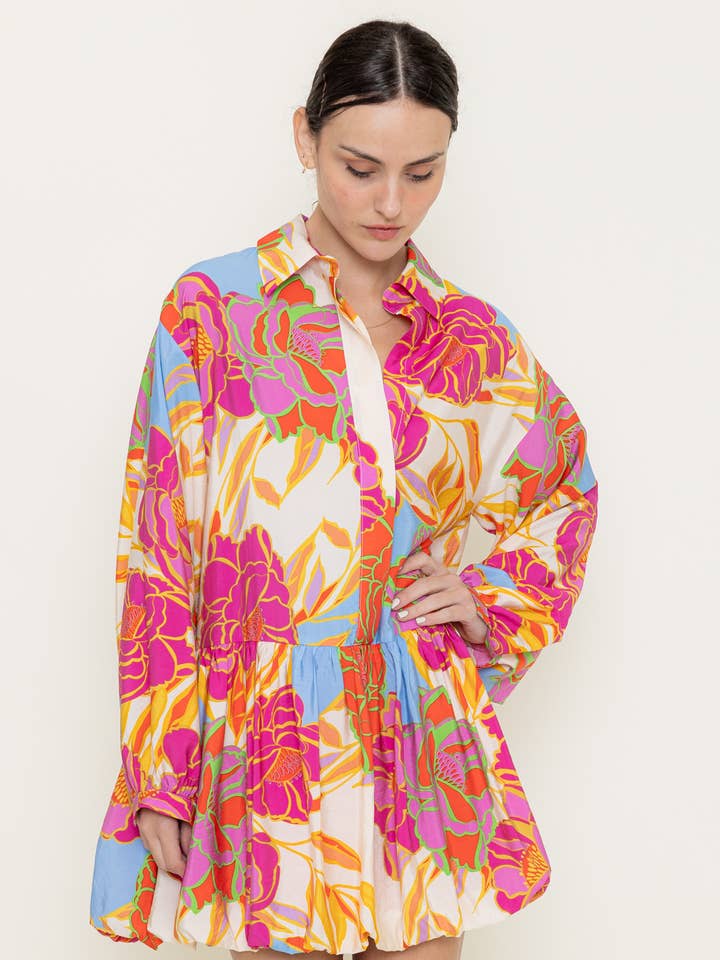 FLORAL LONG SLEEVE BUBBLE SKIRT MINI SHIRT DRESS-DD8843BFO for wholesale on Faire