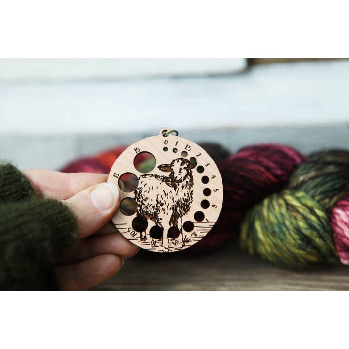 Sunrise Grove - Wholesale Knitting/Crochet Supplies - Cherry Wood Knitting Needle Gauge with Sheep & Bronze Clasp2
