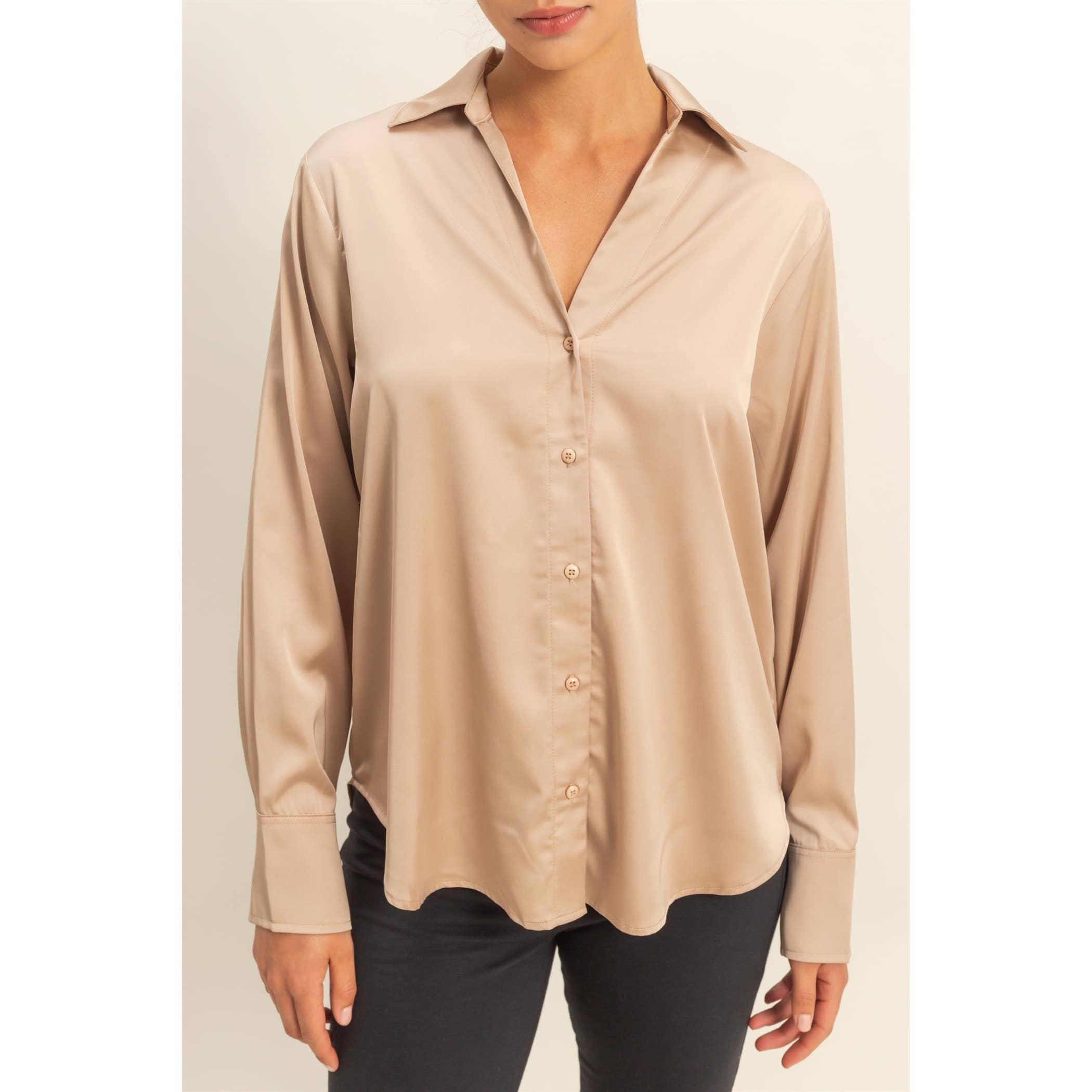 Double Zero - Wholesale Blouse - Women's - Button-Up Satin Shirt With Collared Neckline11