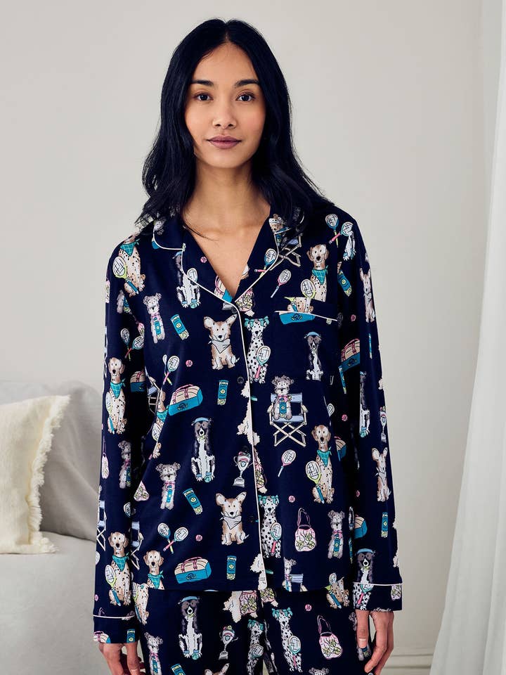 Petite TENCEL™ Modal Tennis Dogs Print Long Pyjama Set - Navy for wholesale by Chelsea Peers