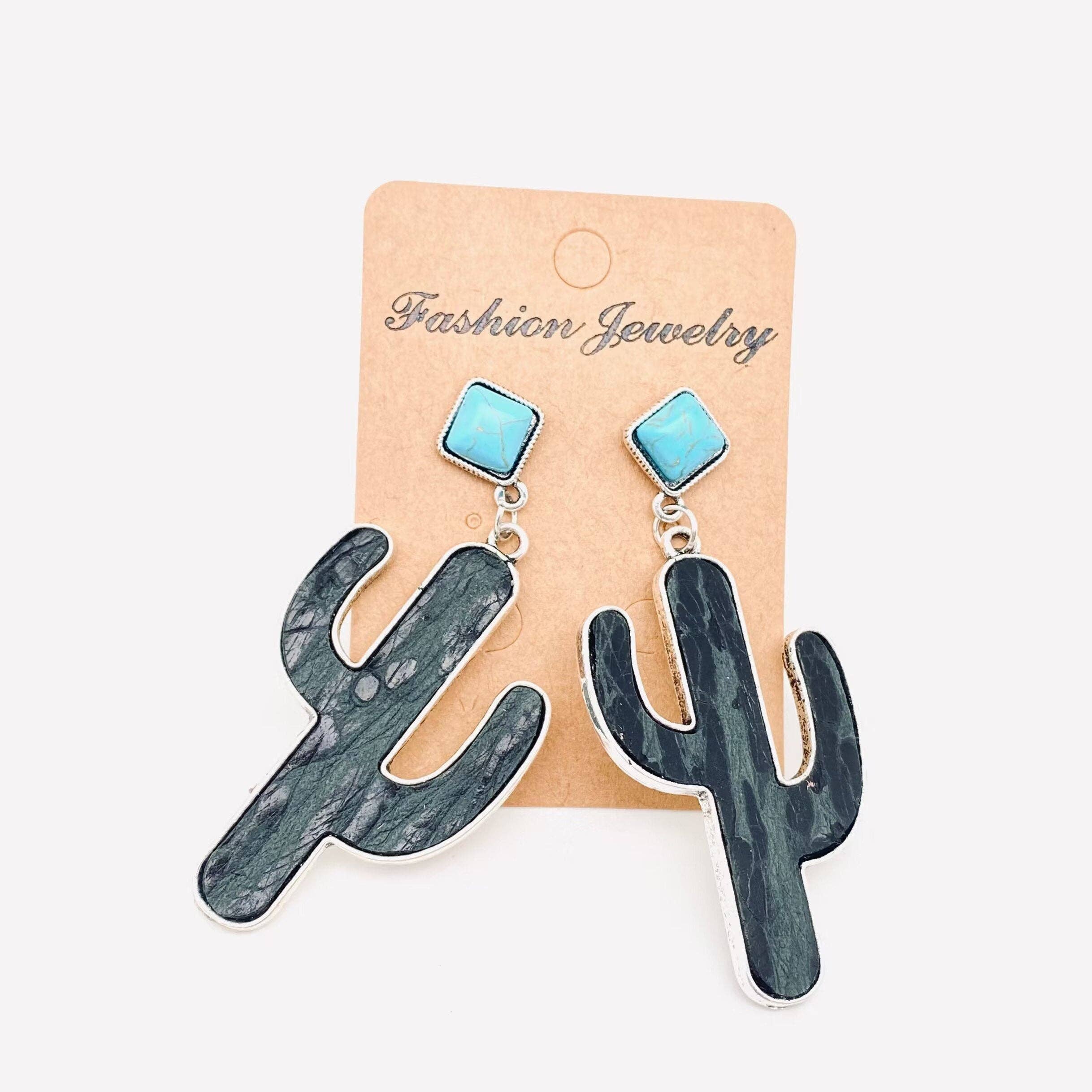 Mio Queena - Wholesale Dangle Earrings - Cactus Embossed Cowhide Turquoise Western Style Earrings -WJ3