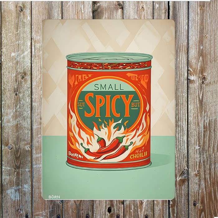 Vintage Can Filled With Spicy Chilli Metal Sign Plaque for wholesale by The British Metal Signs Company