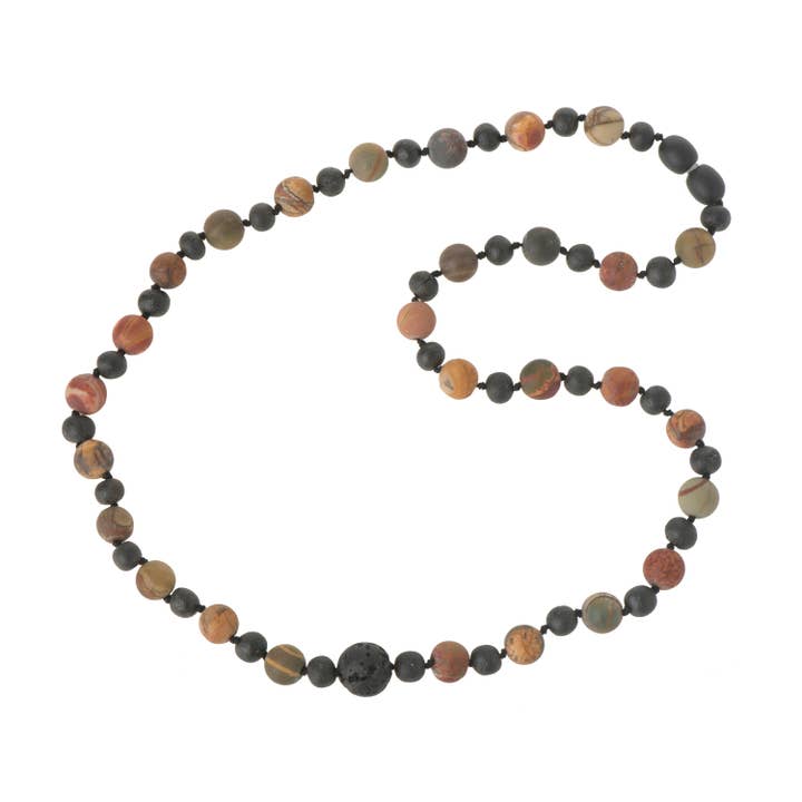 Colar redondo de cereja âmbar cru e jaspe de imagem e contas de lava para adultos por atacado de The Natural Amber