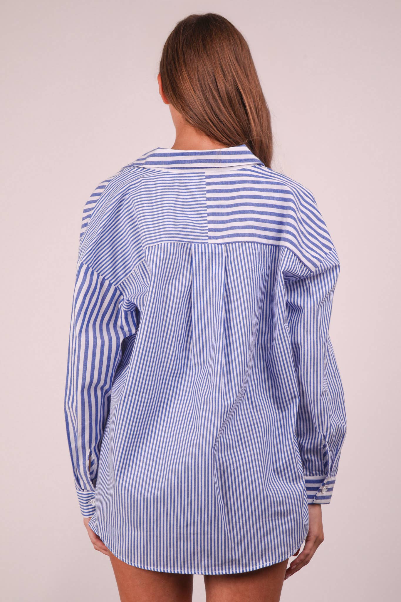 VERY J - Wholesale Lounge Set - Women's - NT12020SET-Striped Oversized Comfy Shirt Top & Shorts Set6