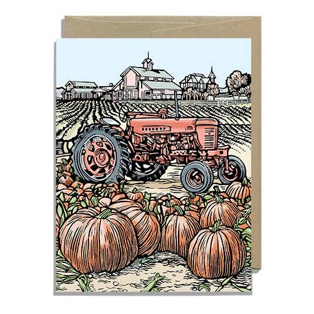 Tracteur et citrouilles, avec enveloppe kraft pour la vente par Daniel Joseph Durkin Illustrations