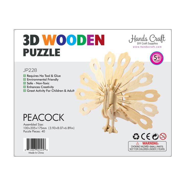 Hands Craft - Wholesale Puzzle - Kids - 3D Wooden Puzzle: Peacock