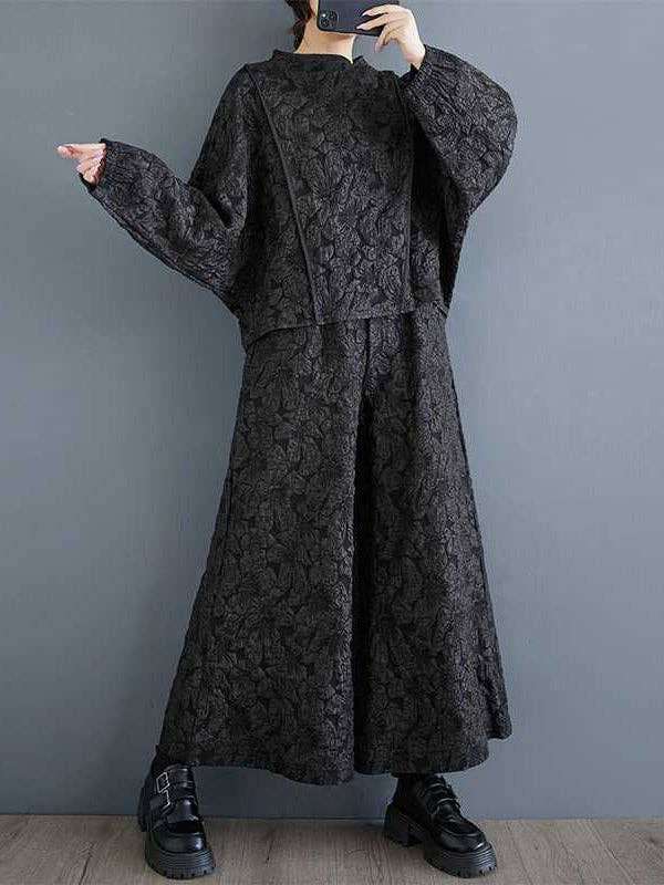 NERO Set di due pezzi con scollo tondo in tinta unita con tasche in jacquard elasticizzato a maniche lunghe in vendita all'ingrosso su Faire2