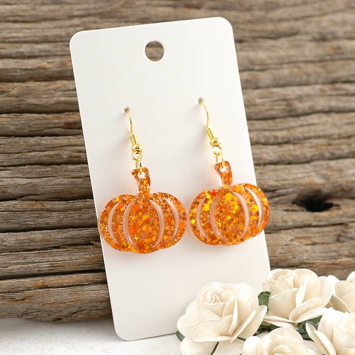 Orange Glitter Pumpkin Dangle Halloween Earrings - Acrylic for wholesale by Rocky Mountain Shops